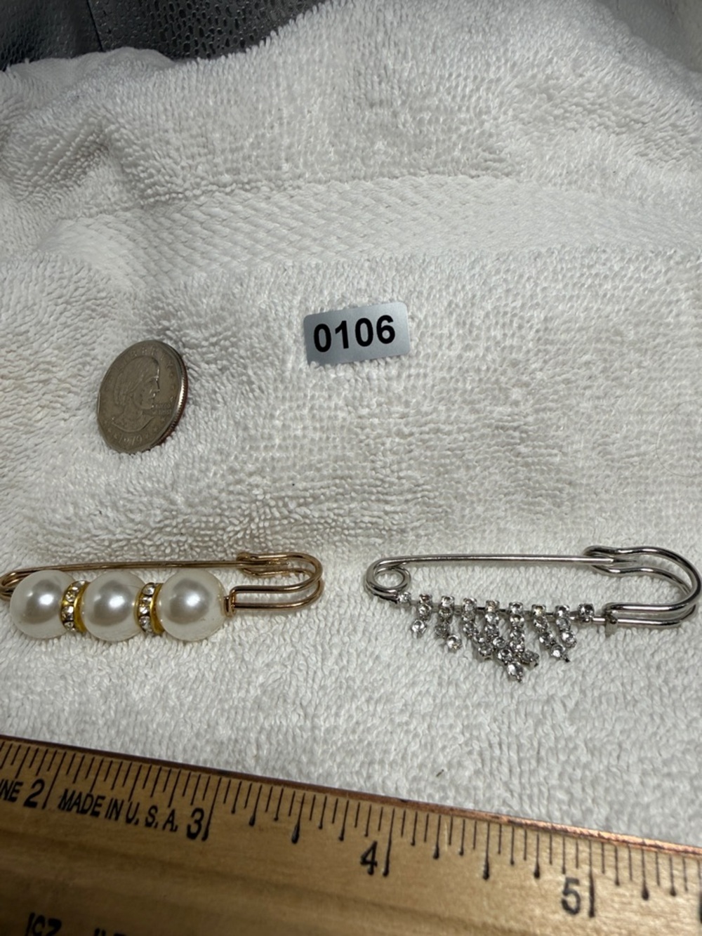 Faux Pearl & Crystal Safety Pin Brooches for shawls.